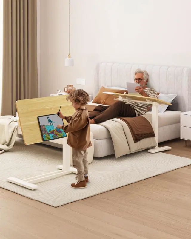 Alt view image 3 of 7 - H7 PRO 90° Tiltable Mobile Overbed Table with Pneumatic Lift,28'' | Full foldable bedside table with adjustable desktop for laptop, Rolling Computer Cart and bed sofa.27.6" W x 15.7" D,Maple