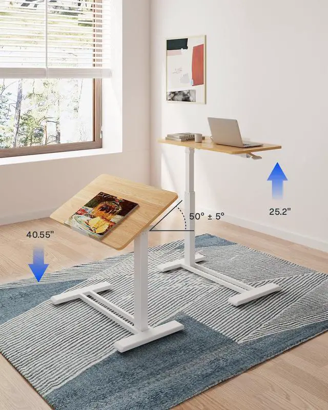 Alt view image 6 of 7 - H7 PRO 90° Tiltable Mobile Overbed Table with Pneumatic Lift,28'' | Full foldable bedside table with adjustable desktop for laptop, Rolling Computer Cart and bed sofa.27.6" W x 15.7" D,Maple