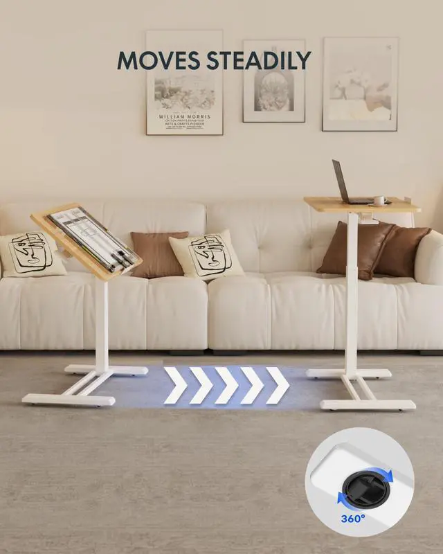 Alt view image 5 of 7 - H7 PRO 90° Tiltable Mobile Overbed Table with Pneumatic Lift,28'' | Full foldable bedside table with adjustable desktop for laptop, Rolling Computer Cart and bed sofa.27.6" W x 15.7" D,Maple