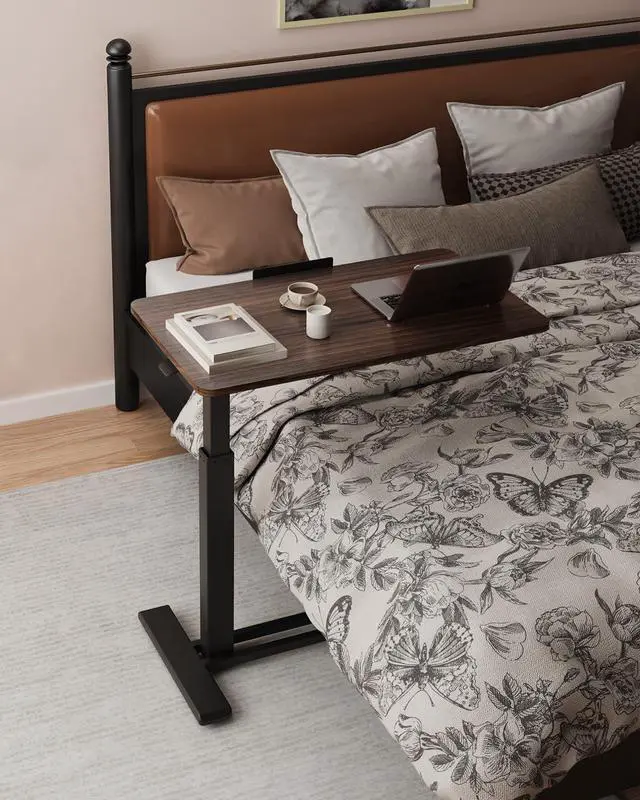 Alt view image 2 of 7 - H7 PRO 90° Tiltable Mobile Overbed Table with Pneumatic Lift,28'' | Foldable bedside table with adjustable desktop for laptop, Rolling Computer Cart and bed sofa.27.6" W x 15.7" D,Rustic Brown