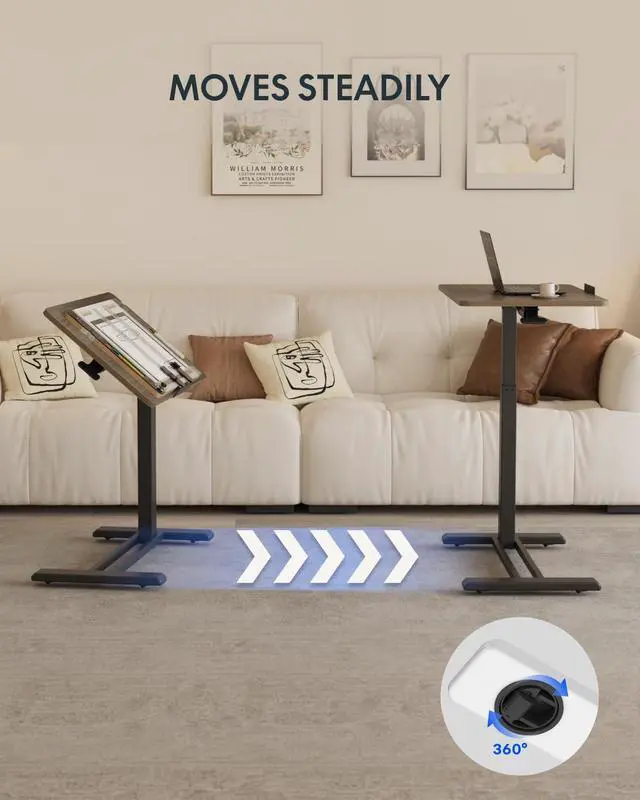 Alt view image 4 of 7 - H7 PRO 90° Tiltable Mobile Overbed Table with Pneumatic Lift,28'' | Foldable bedside table with adjustable desktop for laptop, Rolling Computer Cart and bed sofa.27.6" W x 15.7" D,Rustic Brown