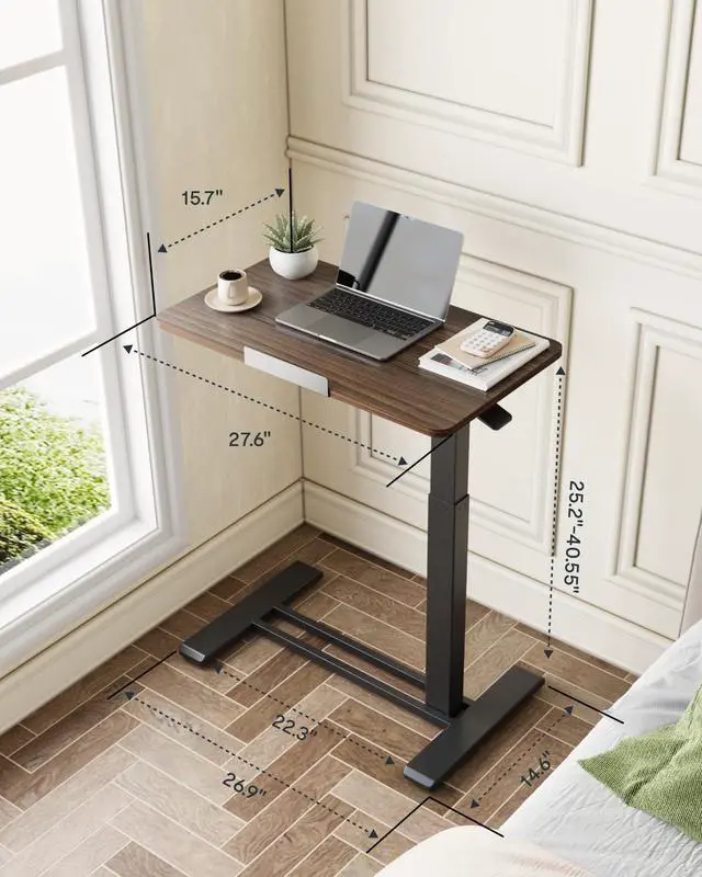 Alt view image 7 of 7 - H7 PRO 90° Tiltable Mobile Overbed Table with Pneumatic Lift,28'' | Foldable bedside table with adjustable desktop for laptop, Rolling Computer Cart and bed sofa.27.6" W x 15.7" D,Rustic Brown