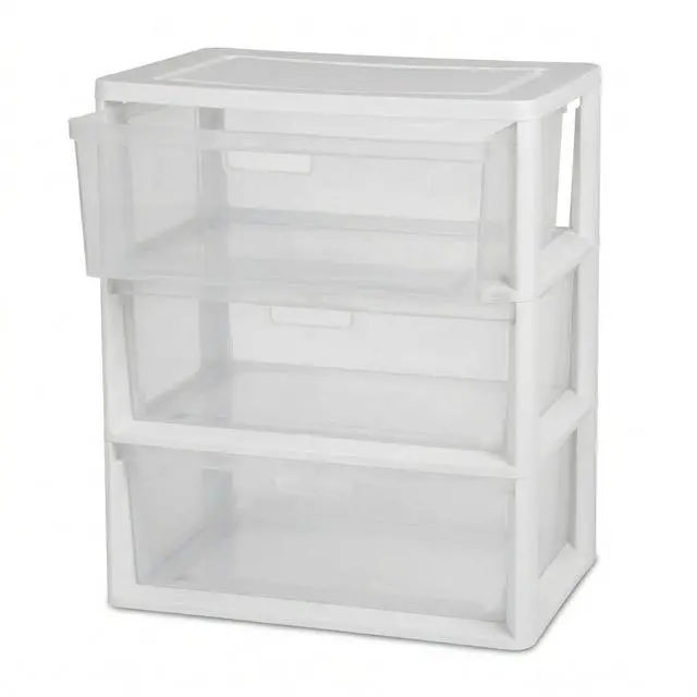 Main image of Wide 3-Drawer Storage Organizer Tower with Removable Clear Plastic Bins - 15.6" x 21" x 25.2", Tool-Free Assembly Drawer Unit with Carry Handles, White