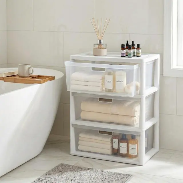 Alt view image 2 of 7 - Wide 3-Drawer Storage Organizer Tower with Removable Clear Plastic Bins - 15.6" x 21" x 25.2", Tool-Free Assembly Drawer Unit with Carry Handles, White