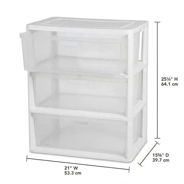 Alt view image 3 of 7 - Wide 3-Drawer Storage Organizer Tower with Removable Clear Plastic Bins - 15.6" x 21" x 25.2", Tool-Free Assembly Drawer Unit with Carry Handles, White