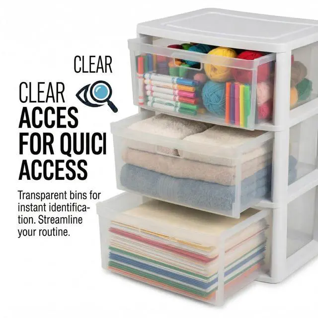 Alt view image 4 of 7 - Wide 3-Drawer Storage Organizer Tower with Removable Clear Plastic Bins - 15.6" x 21" x 25.2", Tool-Free Assembly Drawer Unit with Carry Handles, White