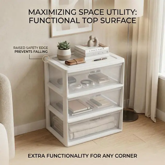 Alt view image 5 of 7 - Wide 3-Drawer Storage Organizer Tower with Removable Clear Plastic Bins - 15.6" x 21" x 25.2", Tool-Free Assembly Drawer Unit with Carry Handles, White