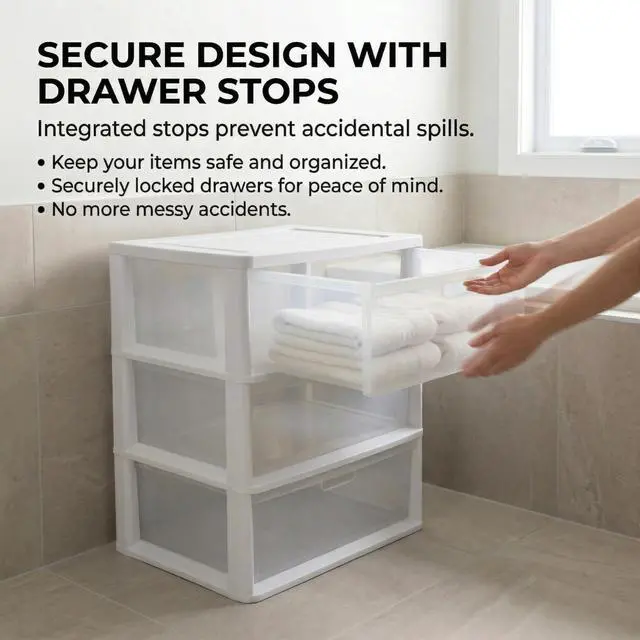 Alt view image 6 of 7 - Wide 3-Drawer Storage Organizer Tower with Removable Clear Plastic Bins - 15.6" x 21" x 25.2", Tool-Free Assembly Drawer Unit with Carry Handles, White