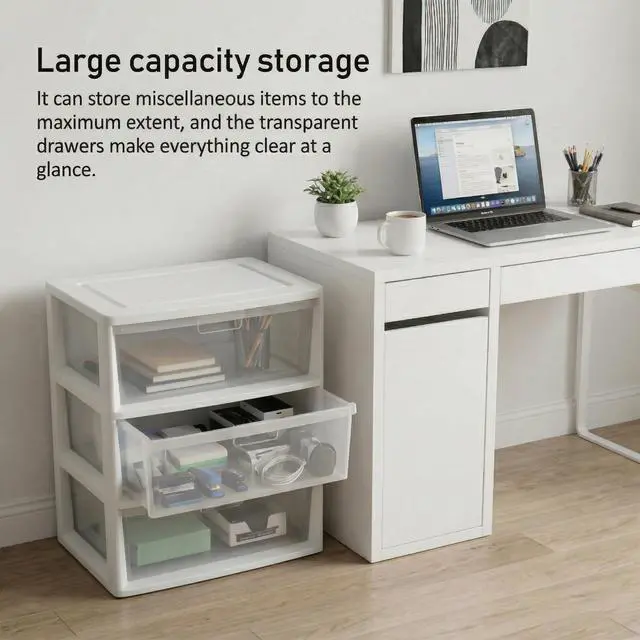Alt view image 7 of 7 - Wide 3-Drawer Storage Organizer Tower with Removable Clear Plastic Bins - 15.6" x 21" x 25.2", Tool-Free Assembly Drawer Unit with Carry Handles, White