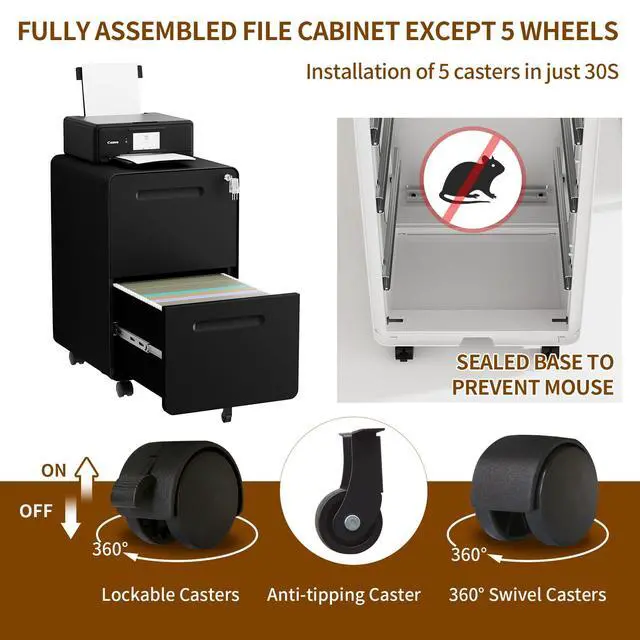 Alt view image 7 of 7 - 2 Drawer Mobile File Cabinet with Lock and 4 Keys | Metal Filing Cabinet for Home Office, Under Desk, Pre-Assembly, File Drawer, Letter/Legal/A4 Hanging File Folders