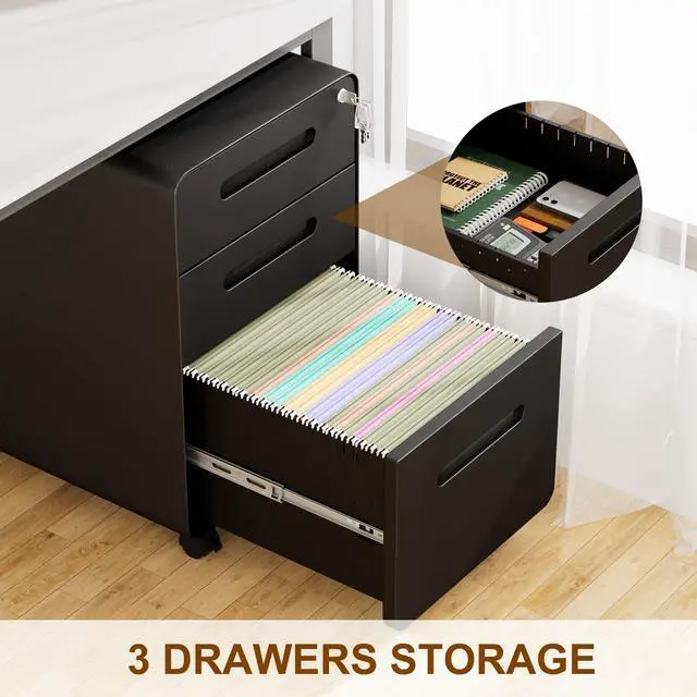 Alt view image 6 of 7 - 3 Drawer Mobile File Cabinet with Lock and 4 Keys | Small Vertical Metal Rolling Filing Cabinet Under Desk for Home Office Organizer Letters/Legal/A4 Hanging File Folders