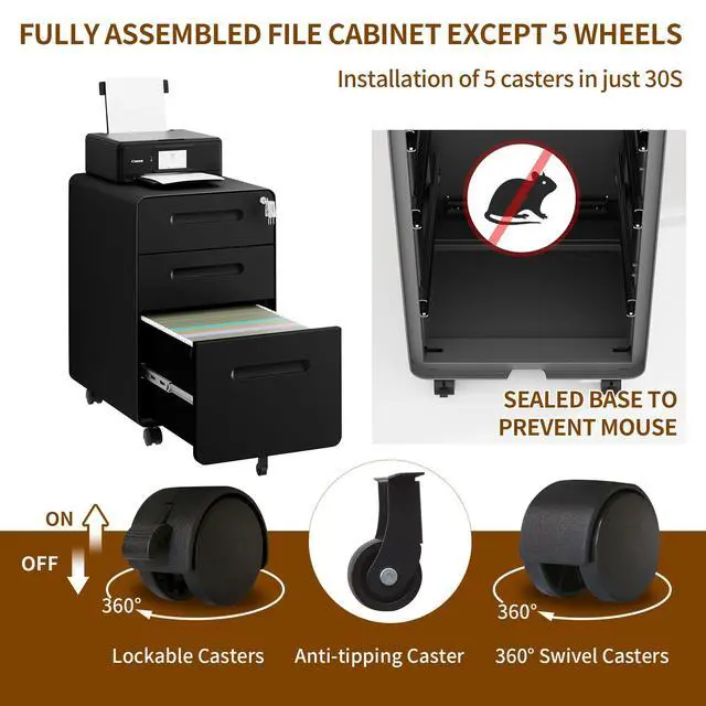 Alt view image 7 of 7 - 3 Drawer Mobile File Cabinet with Lock and 4 Keys | Small Vertical Metal Rolling Filing Cabinet Under Desk for Home Office Organizer Letters/Legal/A4 Hanging File Folders