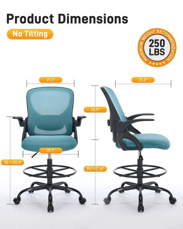Alt view image 2 of 7 - Drafting Chair with Arms, Tall Office Chair for Standing Desks | Ergonomic lumbar pad, breathable mesh and foot ring support forward-leaning posture for sewing, crafts and daily studio work