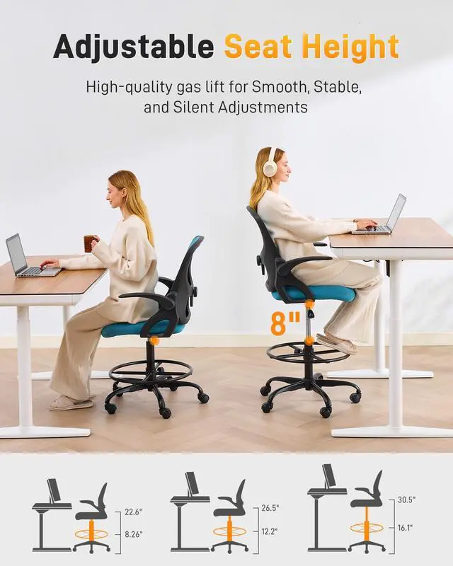 Alt view image 4 of 7 - Drafting Chair with Arms, Tall Office Chair for Standing Desks | Ergonomic lumbar pad, breathable mesh and foot ring support forward-leaning posture for sewing, crafts and daily studio work
