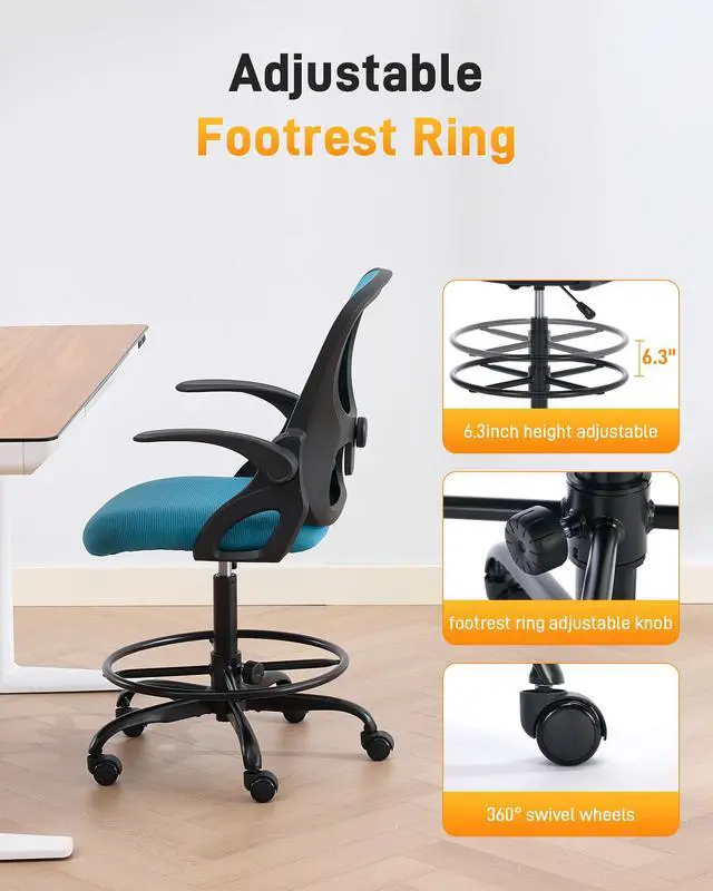 Alt view image 6 of 7 - Drafting Chair with Arms, Tall Office Chair for Standing Desks | Ergonomic lumbar pad, breathable mesh and foot ring support forward-leaning posture for sewing, crafts and daily studio work