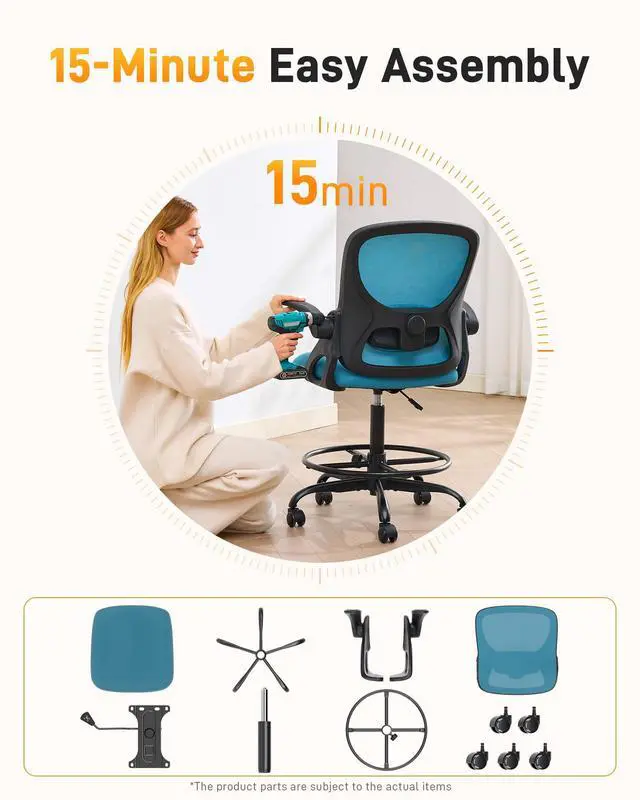 Alt view image 7 of 7 - Drafting Chair with Arms, Tall Office Chair for Standing Desks | Ergonomic lumbar pad, breathable mesh and foot ring support forward-leaning posture for sewing, crafts and daily studio work