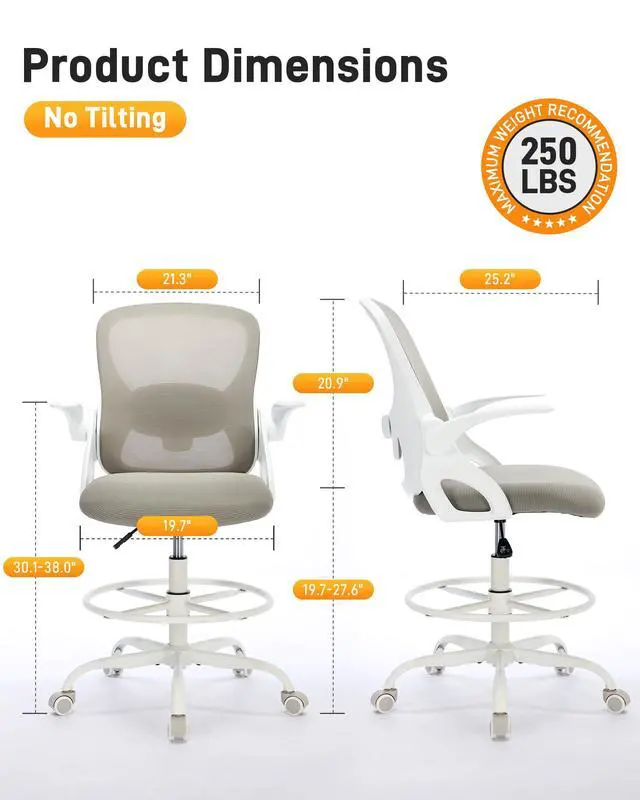 Alt view image 2 of 5 - Drafting Chair with Arms, Tall Office Chair for Standing Desks | Ergonomic lumbar pad, breathable mesh and foot ring support forward-leaning posture for sewing, crafts and daily studio work