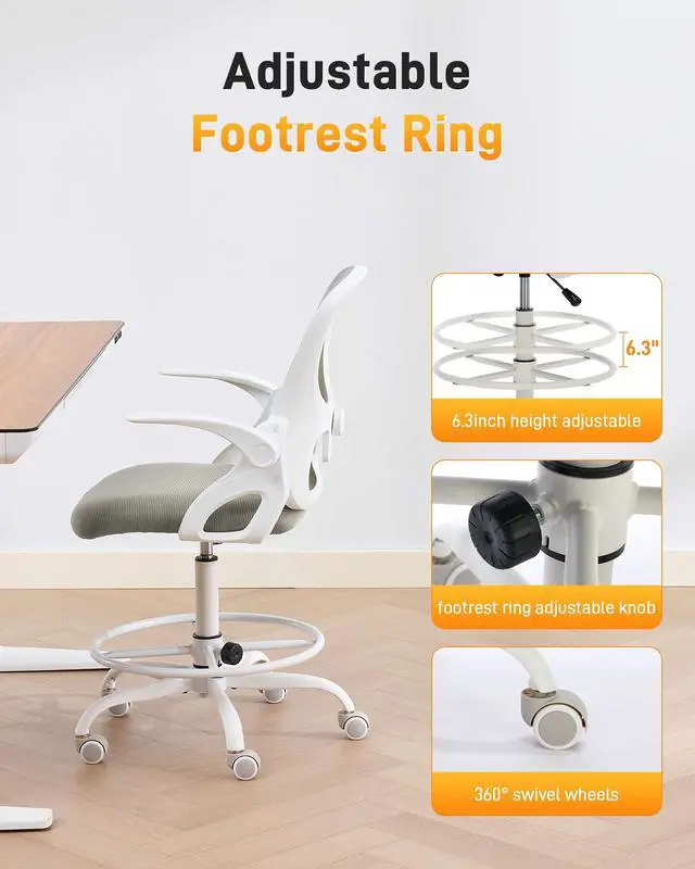 Alt view image 4 of 5 - Drafting Chair with Arms, Tall Office Chair for Standing Desks | Ergonomic lumbar pad, breathable mesh and foot ring support forward-leaning posture for sewing, crafts and daily studio work