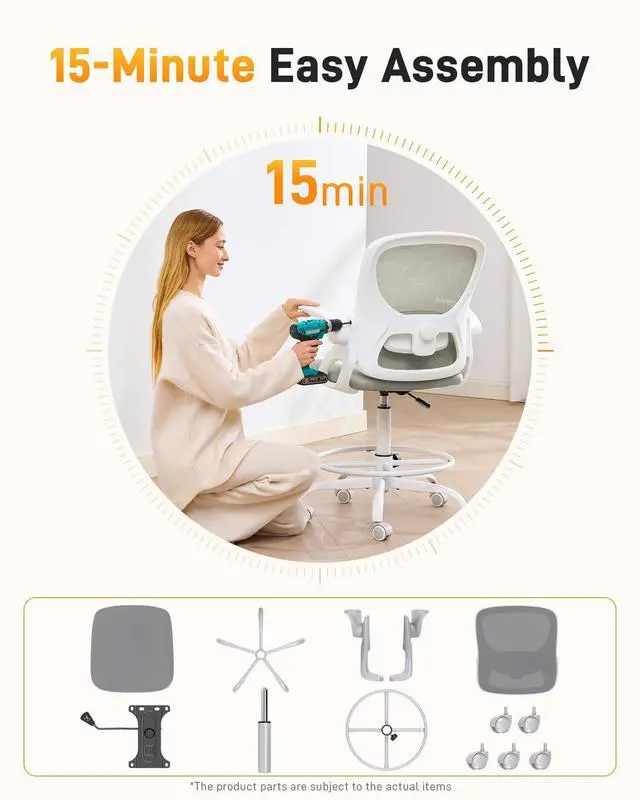 Alt view image 5 of 5 - Drafting Chair with Arms, Tall Office Chair for Standing Desks | Ergonomic lumbar pad, breathable mesh and foot ring support forward-leaning posture for sewing, crafts and daily studio work