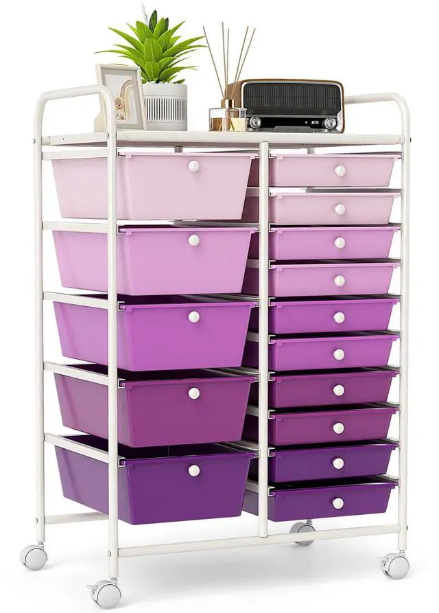 Main image of 15-Drawer Rolling Storage Cart, Mobile Utility Cart on Wheels, Removable & 2-Sized Storage Drawers for Home, Study, Office, School,Paper Organizer (Gradient Purple)