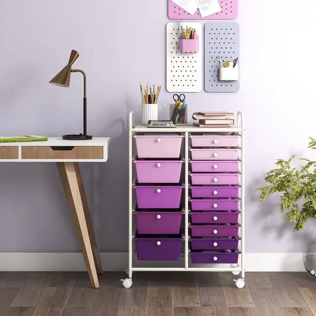 Alt view image 2 of 7 - 15-Drawer Rolling Storage Cart, Mobile Utility Cart on Wheels, Removable & 2-Sized Storage Drawers for Home, Study, Office, School,Paper Organizer (Gradient Purple)