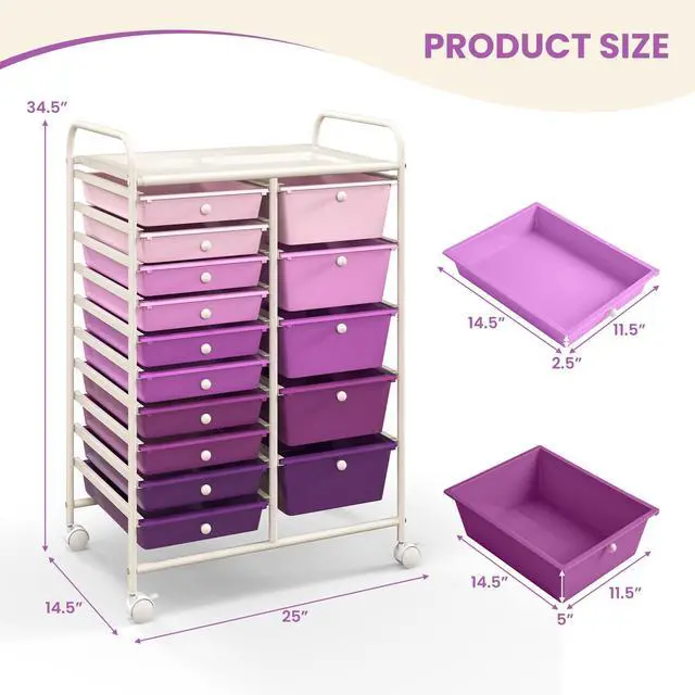 Alt view image 3 of 7 - 15-Drawer Rolling Storage Cart, Mobile Utility Cart on Wheels, Removable & 2-Sized Storage Drawers for Home, Study, Office, School,Paper Organizer (Gradient Purple)
