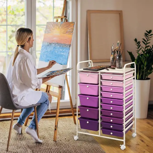 Alt view image 5 of 7 - 15-Drawer Rolling Storage Cart, Mobile Utility Cart on Wheels, Removable & 2-Sized Storage Drawers for Home, Study, Office, School,Paper Organizer (Gradient Purple)