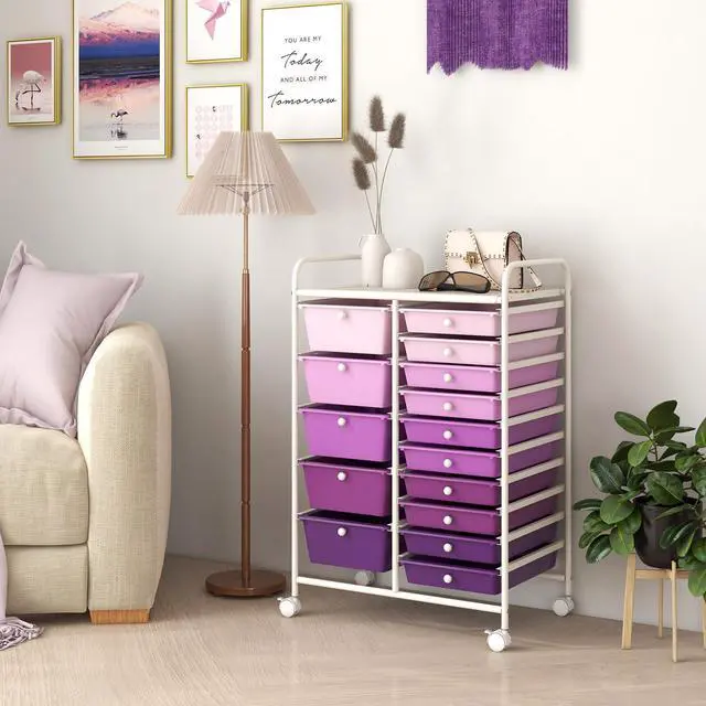 Alt view image 4 of 7 - 15-Drawer Rolling Storage Cart, Mobile Utility Cart on Wheels, Removable & 2-Sized Storage Drawers for Home, Study, Office, School,Paper Organizer (Gradient Purple)