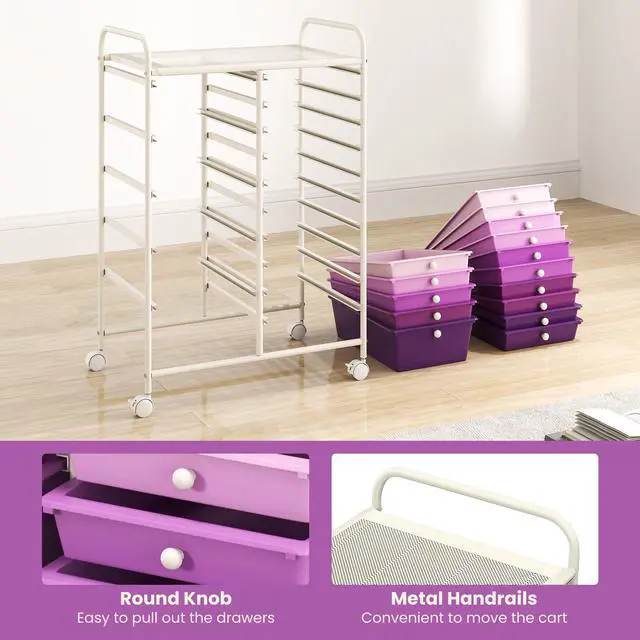 Alt view image 6 of 7 - 15-Drawer Rolling Storage Cart, Mobile Utility Cart on Wheels, Removable & 2-Sized Storage Drawers for Home, Study, Office, School,Paper Organizer (Gradient Purple)