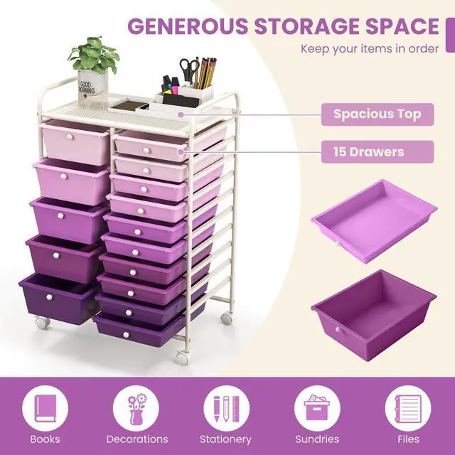 Alt view image 7 of 7 - 15-Drawer Rolling Storage Cart, Mobile Utility Cart on Wheels, Removable & 2-Sized Storage Drawers for Home, Study, Office, School,Paper Organizer (Gradient Purple)