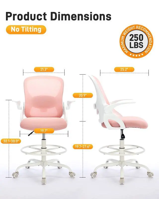 Alt view image 2 of 3 - Drafting Chair with Arms, Tall Office Chair for Standing Desks | Ergonomic lumbar pad, breathable mesh and foot ring support forward-leaning posture for sewing, crafts and daily studio work