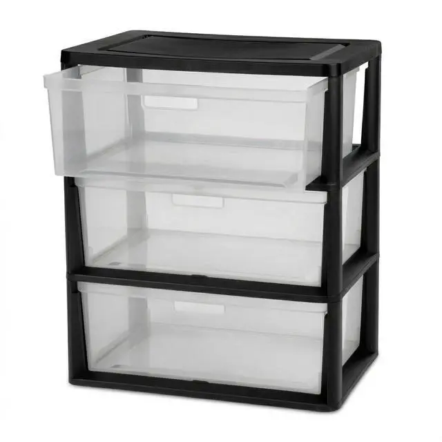 Main image of Wide 3-Drawer Storage Organizer Tower with Removable Clear Plastic Bins - 15.6" x 21" x 25.2", Tool-Free Assembly Drawer Unit with Carry Handles, Black