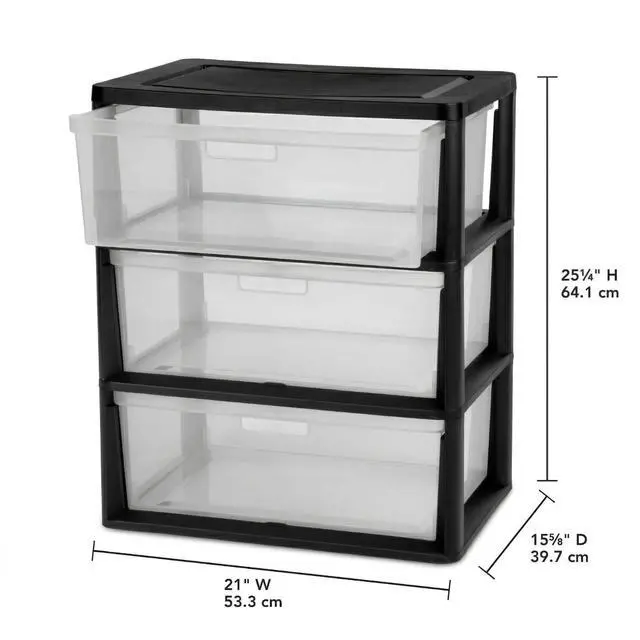 Alt view image 3 of 7 - Wide 3-Drawer Storage Organizer Tower with Removable Clear Plastic Bins - 15.6" x 21" x 25.2", Tool-Free Assembly Drawer Unit with Carry Handles, Black