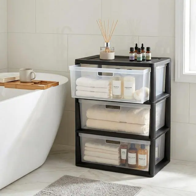 Alt view image 2 of 7 - Wide 3-Drawer Storage Organizer Tower with Removable Clear Plastic Bins - 15.6" x 21" x 25.2", Tool-Free Assembly Drawer Unit with Carry Handles, Black