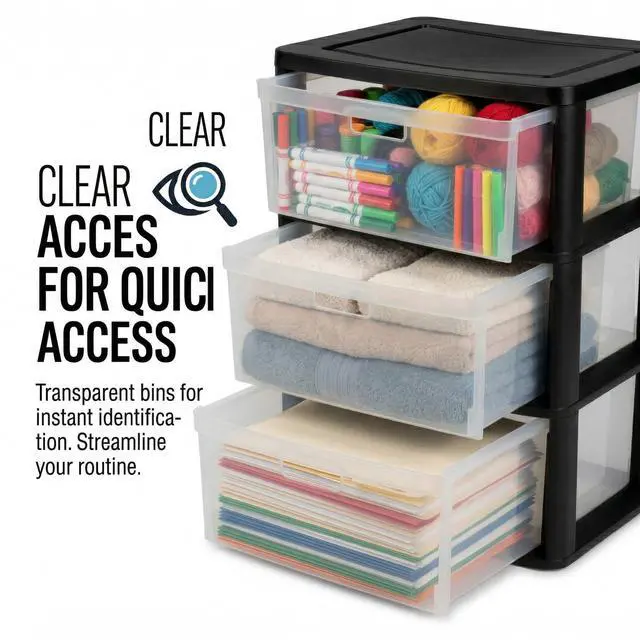 Alt view image 4 of 7 - Wide 3-Drawer Storage Organizer Tower with Removable Clear Plastic Bins - 15.6" x 21" x 25.2", Tool-Free Assembly Drawer Unit with Carry Handles, Black