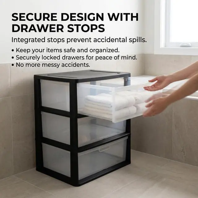 Alt view image 5 of 7 - Wide 3-Drawer Storage Organizer Tower with Removable Clear Plastic Bins - 15.6" x 21" x 25.2", Tool-Free Assembly Drawer Unit with Carry Handles, Black