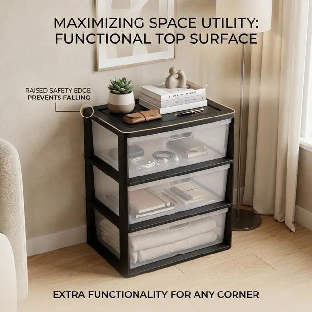 Alt view image 6 of 7 - Wide 3-Drawer Storage Organizer Tower with Removable Clear Plastic Bins - 15.6" x 21" x 25.2", Tool-Free Assembly Drawer Unit with Carry Handles, Black