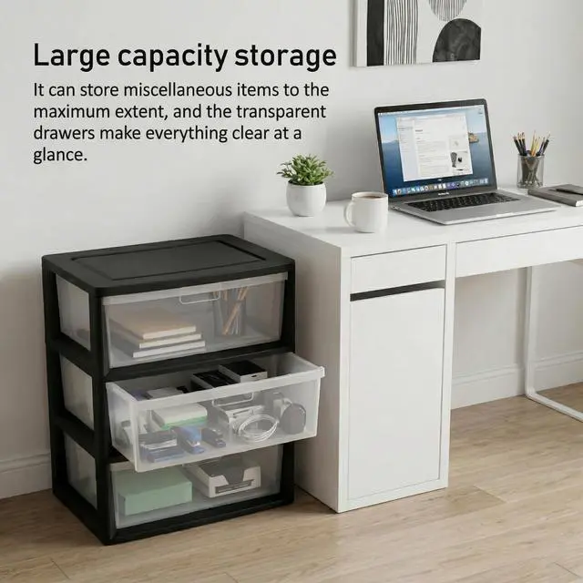 Alt view image 7 of 7 - Wide 3-Drawer Storage Organizer Tower with Removable Clear Plastic Bins - 15.6" x 21" x 25.2", Tool-Free Assembly Drawer Unit with Carry Handles, Black