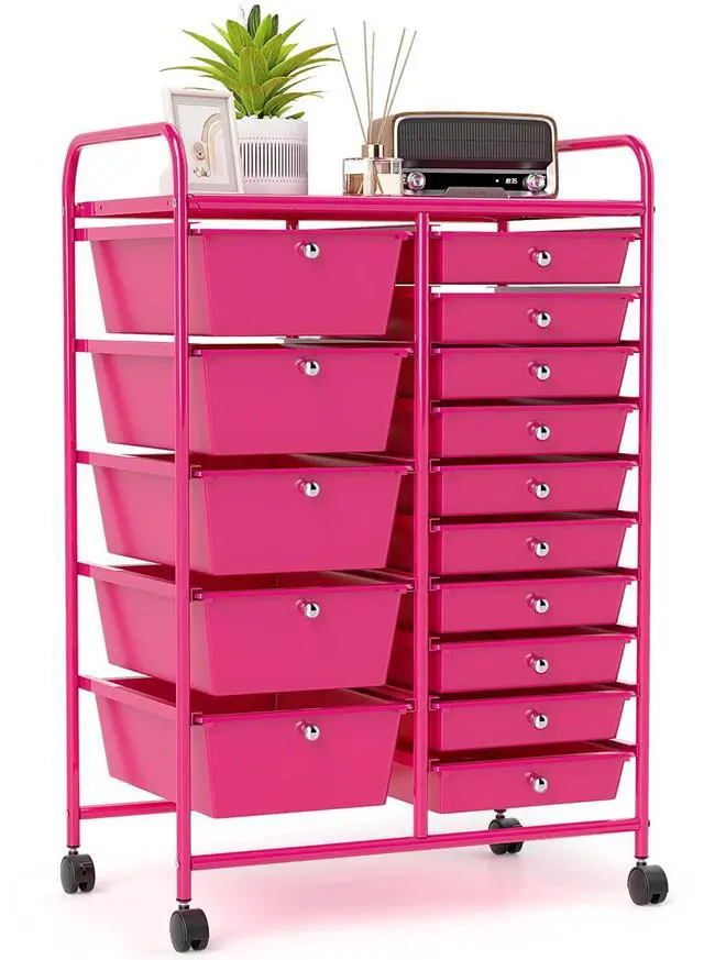 Main image of 15-Drawer Rolling Storage Cart, Mobile Utility Cart on Wheels, Removable & 2-Sized Storage Drawers for Home, Study, Office, School,Paper Organizer (Hot Pink)