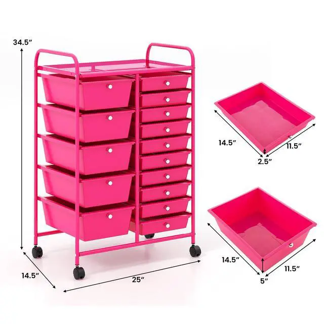 Alt view image 3 of 7 - 15-Drawer Rolling Storage Cart, Mobile Utility Cart on Wheels, Removable & 2-Sized Storage Drawers for Home, Study, Office, School,Paper Organizer (Hot Pink)