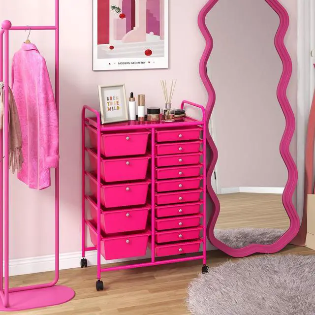Alt view image 2 of 7 - 15-Drawer Rolling Storage Cart, Mobile Utility Cart on Wheels, Removable & 2-Sized Storage Drawers for Home, Study, Office, School,Paper Organizer (Hot Pink)