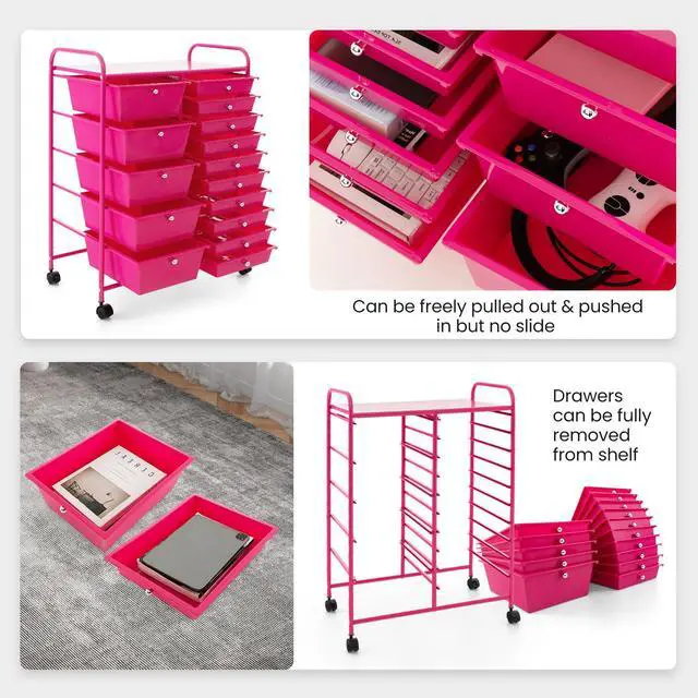 Alt view image 4 of 7 - 15-Drawer Rolling Storage Cart, Mobile Utility Cart on Wheels, Removable & 2-Sized Storage Drawers for Home, Study, Office, School,Paper Organizer (Hot Pink)