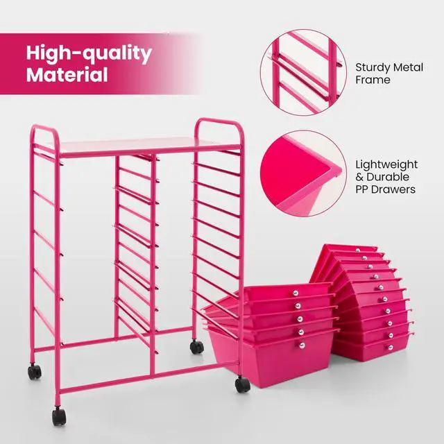 Alt view image 6 of 7 - 15-Drawer Rolling Storage Cart, Mobile Utility Cart on Wheels, Removable & 2-Sized Storage Drawers for Home, Study, Office, School,Paper Organizer (Hot Pink)