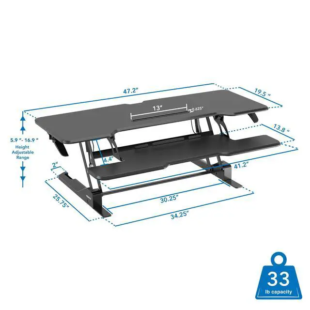 Alt view image 3 of 7 - 47" Standing Desk Converter, XL Desktop Sit-Stand Desk Riser with Gas Spring Height Adjustment, Wide Desk Topper for Dual Monitors or Monitor & Laptop, Keyboard Tray, Black