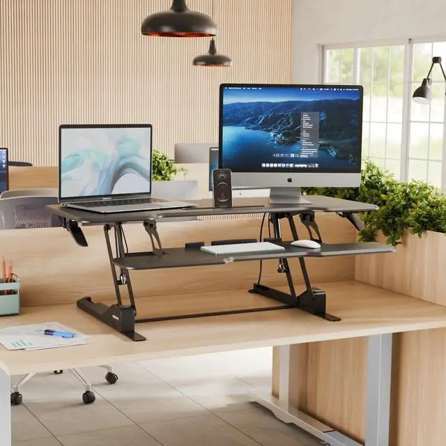 Alt view image 2 of 7 - 47" Standing Desk Converter, XL Desktop Sit-Stand Desk Riser with Gas Spring Height Adjustment, Wide Desk Topper for Dual Monitors or Monitor & Laptop, Keyboard Tray, Black