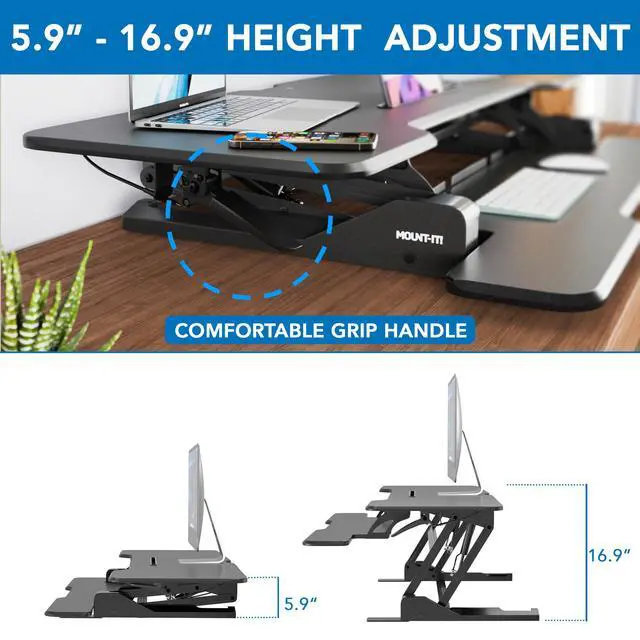Alt view image 4 of 7 - 47" Standing Desk Converter, XL Desktop Sit-Stand Desk Riser with Gas Spring Height Adjustment, Wide Desk Topper for Dual Monitors or Monitor & Laptop, Keyboard Tray, Black