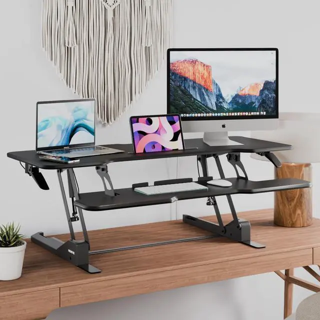 Alt view image 6 of 7 - 47" Standing Desk Converter, XL Desktop Sit-Stand Desk Riser with Gas Spring Height Adjustment, Wide Desk Topper for Dual Monitors or Monitor & Laptop, Keyboard Tray, Black