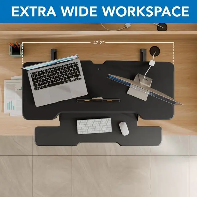 Alt view image 7 of 7 - 47" Standing Desk Converter, XL Desktop Sit-Stand Desk Riser with Gas Spring Height Adjustment, Wide Desk Topper for Dual Monitors or Monitor & Laptop, Keyboard Tray, Black