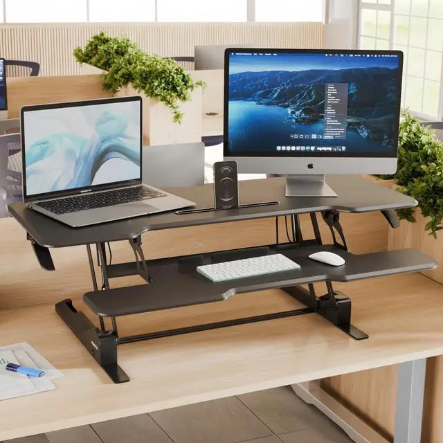 Alt view image 5 of 7 - 47" Standing Desk Converter, XL Desktop Sit-Stand Desk Riser with Gas Spring Height Adjustment, Wide Desk Topper for Dual Monitors or Monitor & Laptop, Keyboard Tray, Black