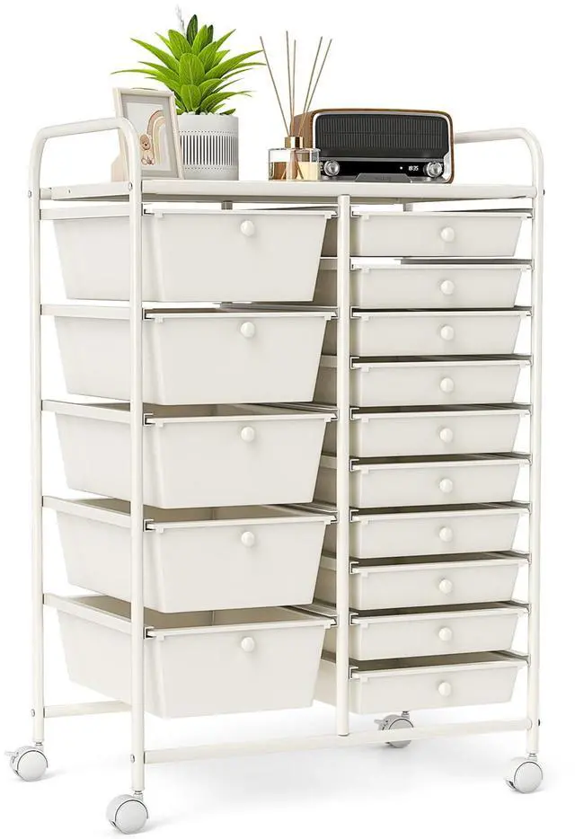 Main image of 15-Drawer Rolling Storage Cart, Mobile Utility Cart on Wheels, Removable & 2-Sized Storage Drawers for Home, Study, Office, School,Paper Organizer (White)